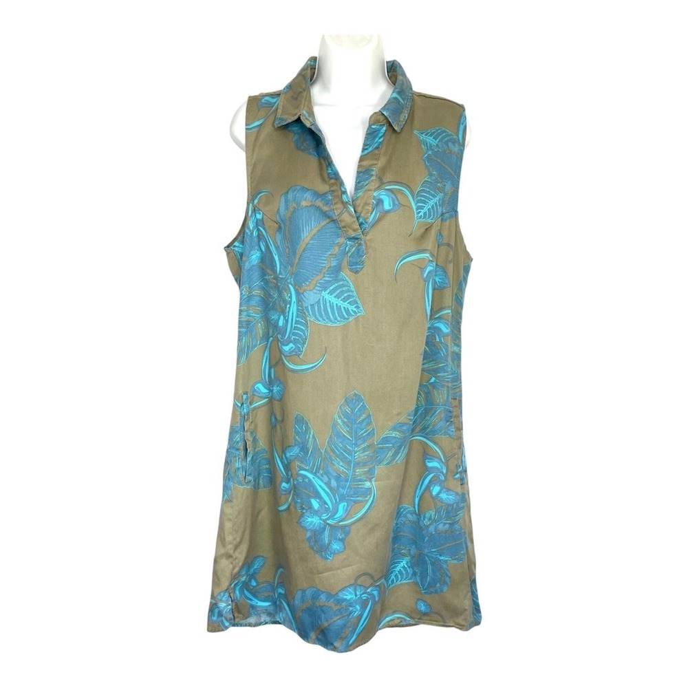 KAVU Women's M Tencel Floral Sleeveless Shift Dress Olive Blue Pockets